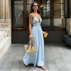 Sea Breeze Striped Deep V Beach Dress With Backless Sleeveless Maxi