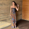 Dreamy Tie Dye Maxi Dress With Spaghetti Straps And Ruched Waist Sash Accent Breezy Vintage Style