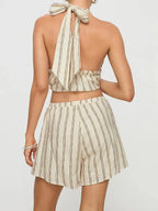 Striped Loungewear Set With Tie Up Halter Top And Elastic Waist Shorts