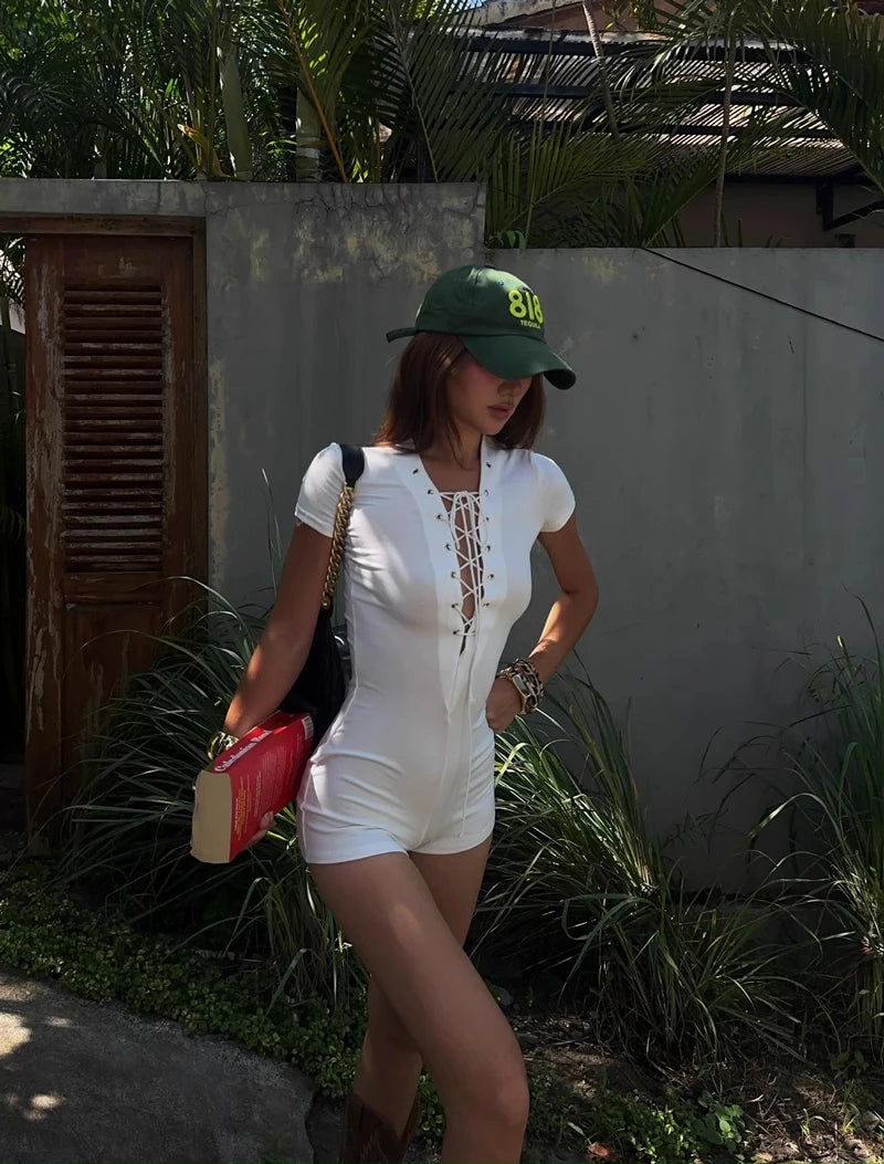 Sexy Lace Up Front Short Sleeve Playsuit In Knit Fabric Flirty One Piece Romper