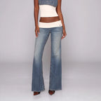 Vintage Patchwork Bootcut Jeans For Women Washed Low Waist Streetwear Style