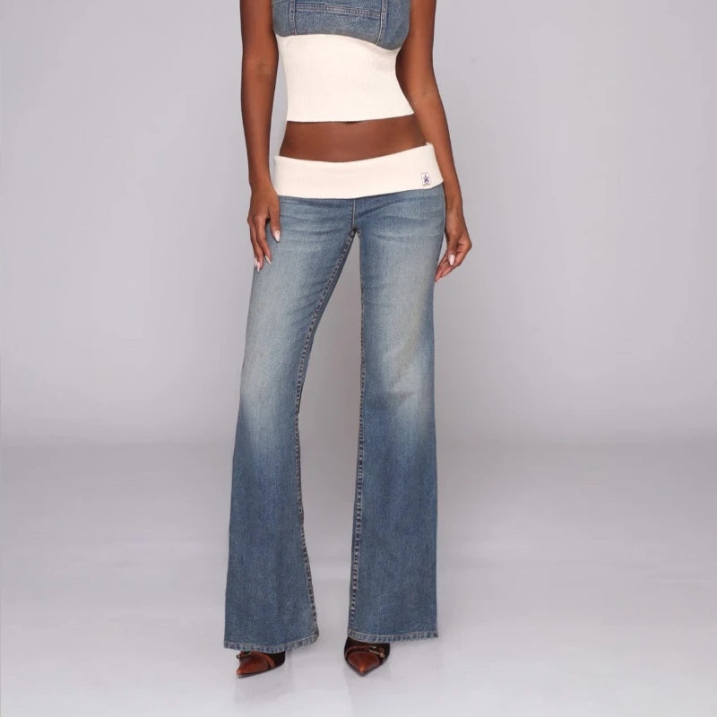Vintage Patchwork Bootcut Jeans For Women Washed Low Waist Streetwear Style