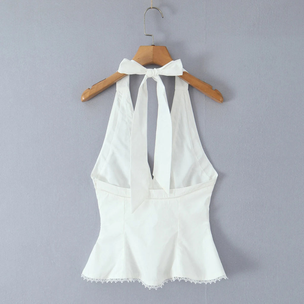 Sexy White Bow Halter V neck Open Buttons Slim Tank Top Women Spliced Ruffles Lace Hem Sleeveless Backless