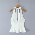 Sexy White Bow Halter V neck Open Buttons Slim Tank Top Women Spliced Ruffles Lace Hem Sleeveless Backless