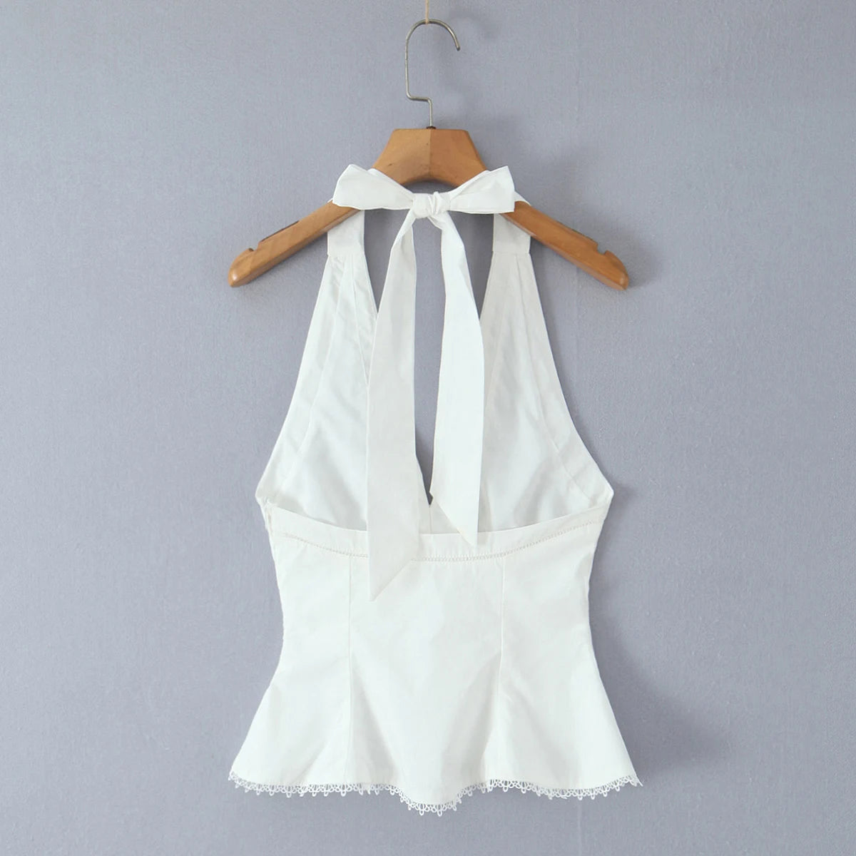 Sexy White Bow Halter V neck Open Buttons Slim Tank Top Women Spliced Ruffles Lace Hem Sleeveless Backless