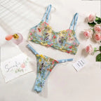 Floral Sheer Embroidery Lingerie Set With Underwire Push Up Bra And Panty Two Piece