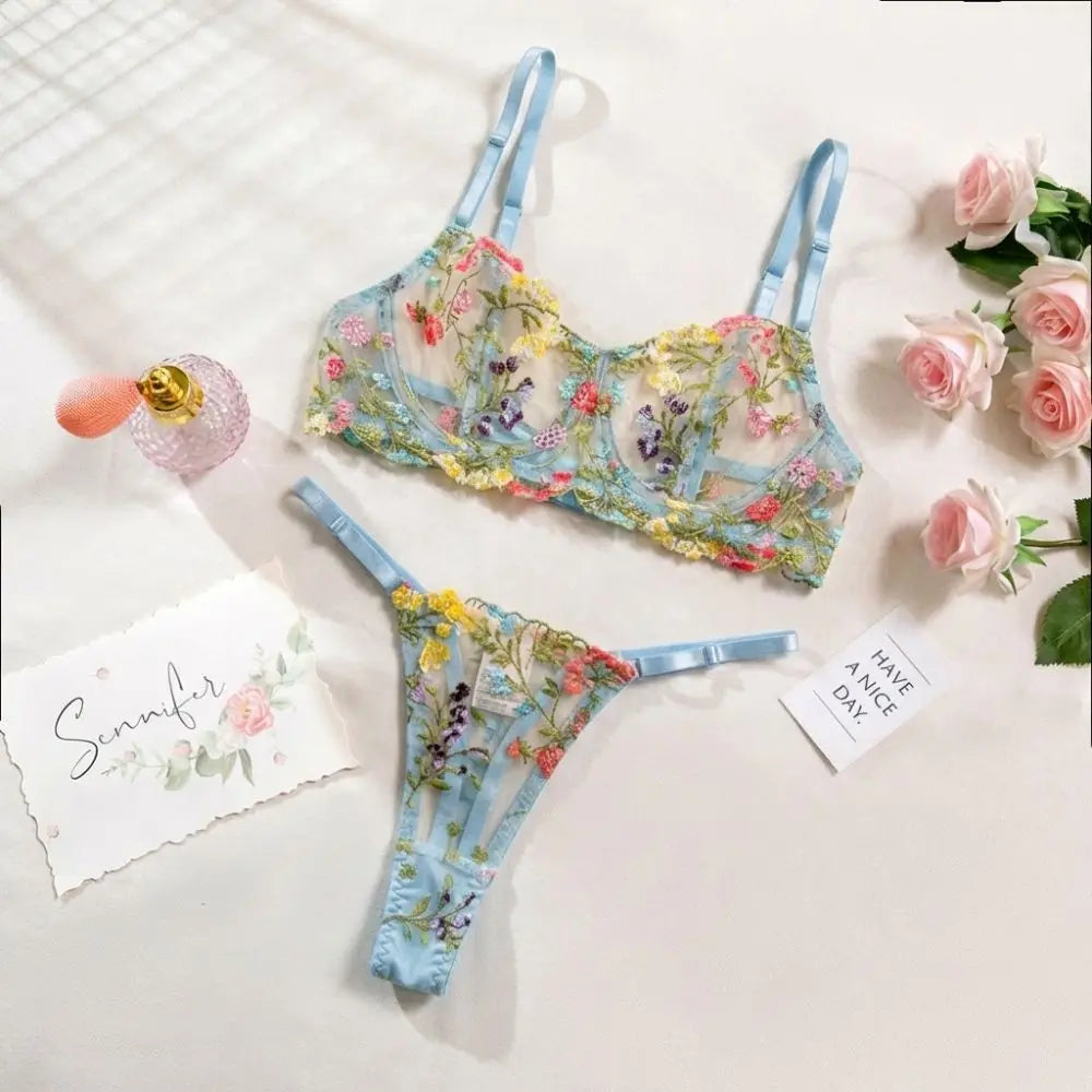 Floral Sheer Embroidery Lingerie Set With Underwire Push Up Bra And Panty Two Piece