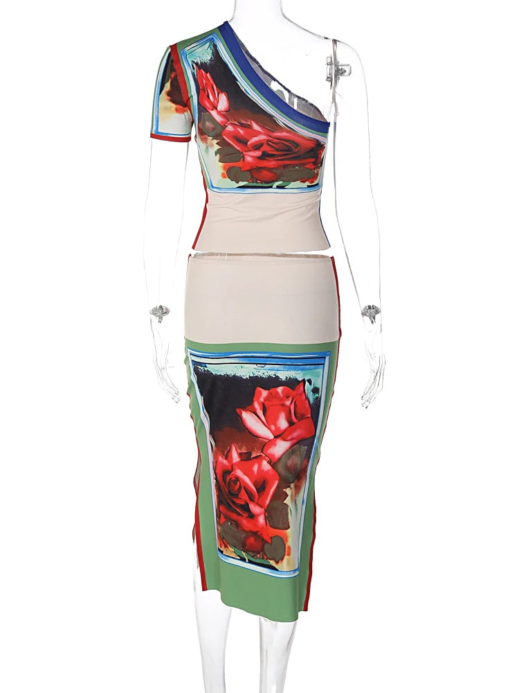 Summer Two Piece Set With Crop Top And Midi Skirt Vacation Outfit Style