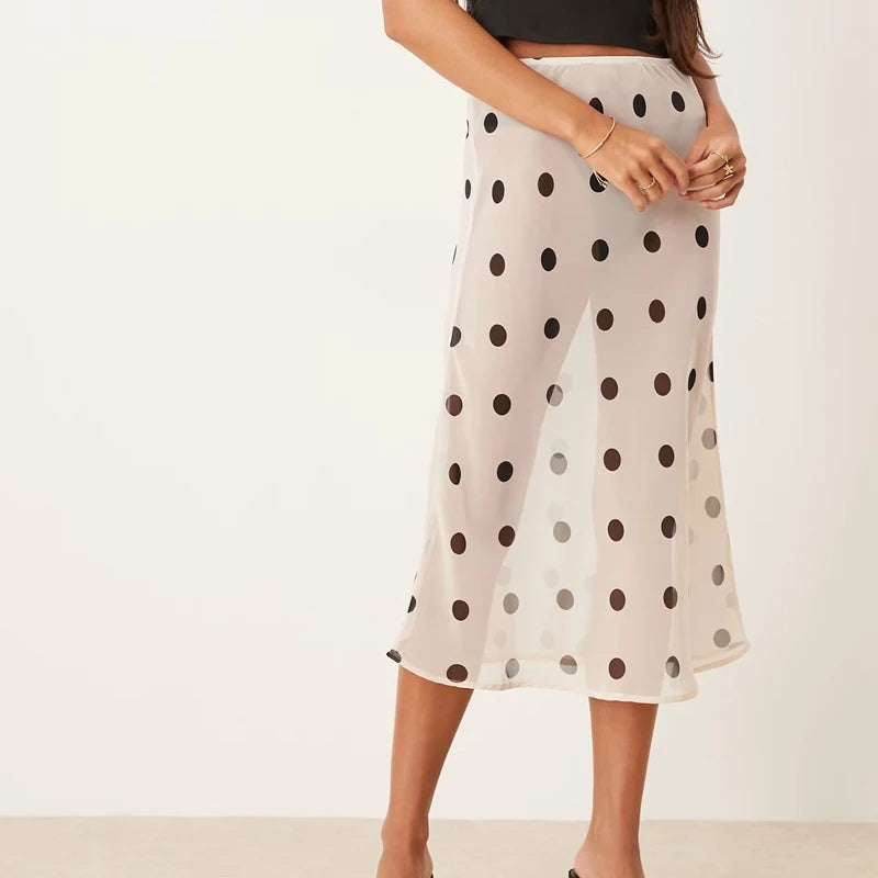 Polka Dot Sheer Midi Skirt With Mesh Details Flowy Maxi