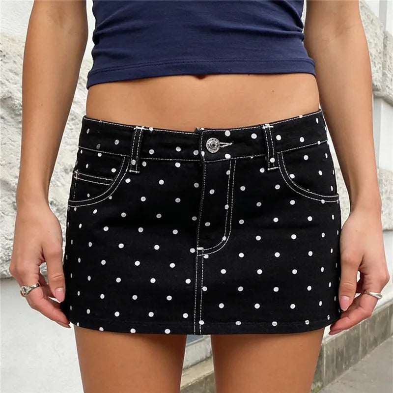 Polka Dot Denim Mini Skirt A-Line Streetwear Chic Silhouette