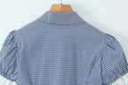 Vintage Lapel Collar Puff Sleeve Lace Patchwork Sweet Plaid Single Breasted Blouse