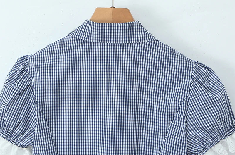 Vintage Lapel Collar Puff Sleeve Lace Patchwork Sweet Plaid Single Breasted Blouse