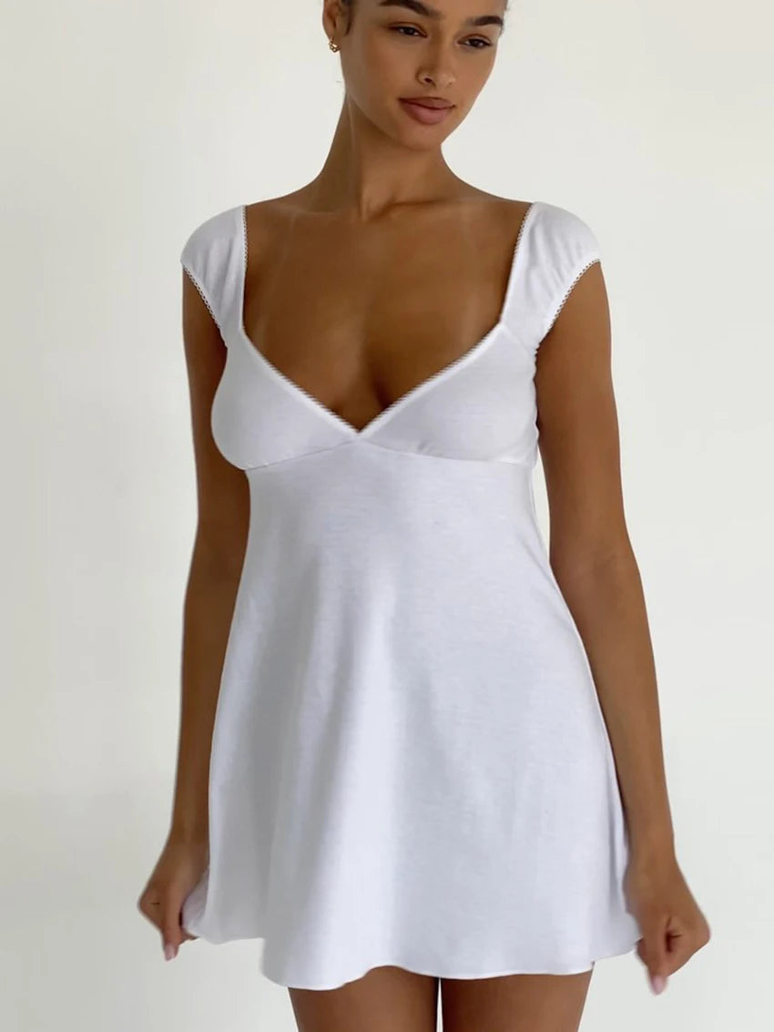 White Sexy V-Neck Backless Nightwear Mini Dress