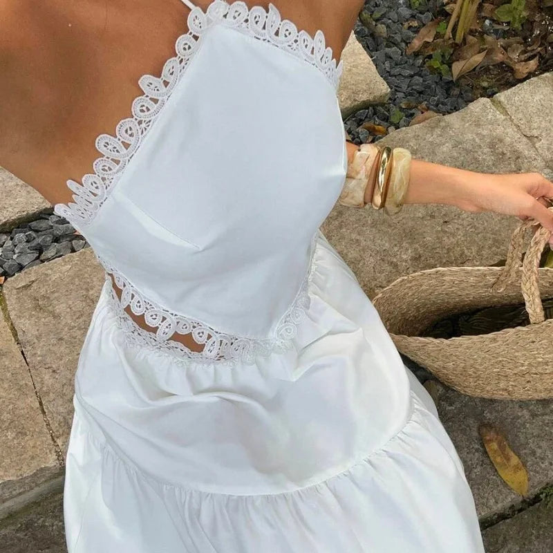 Boho Two Piece Lace Trim Cami Top And Tiered Maxi Skirt Set