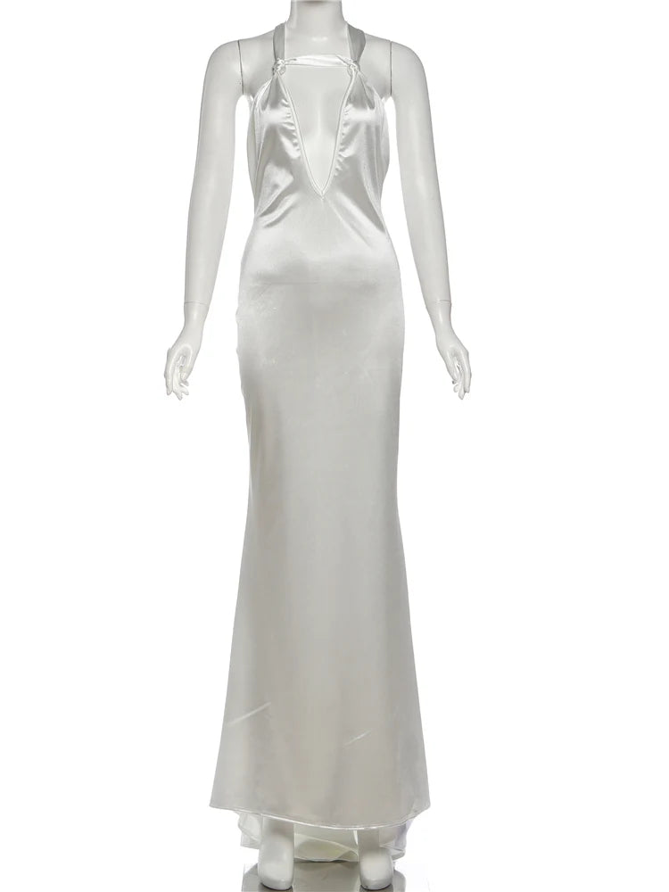 Silky Satin Evening Gown With Low Neck Backless Design Sleeveless Maxi Dress