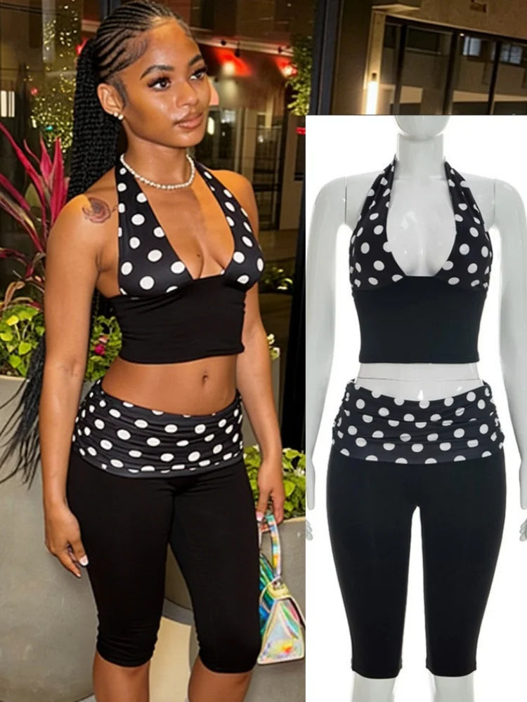 Patchwork Polka Dot Print Two Piece Set With Backless Halter Crop Top And Pleated Waist Capri Pants