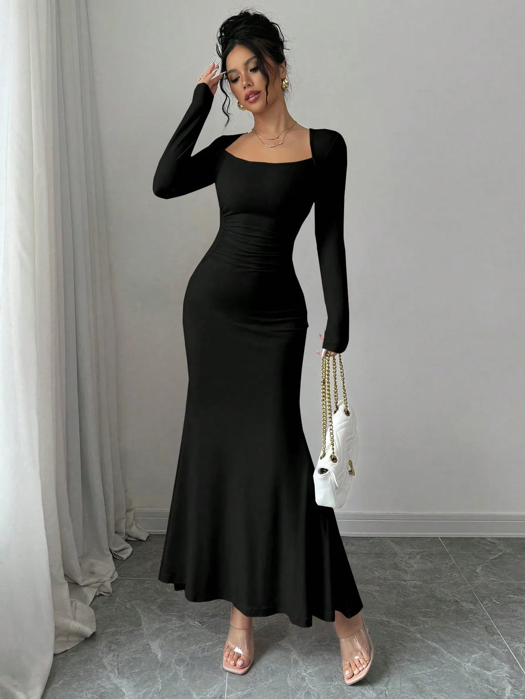 Retro Square Collar Dress With Long Sleeves In Solid Color