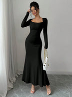 Retro Square Collar Dress With Long Sleeves In Solid Color