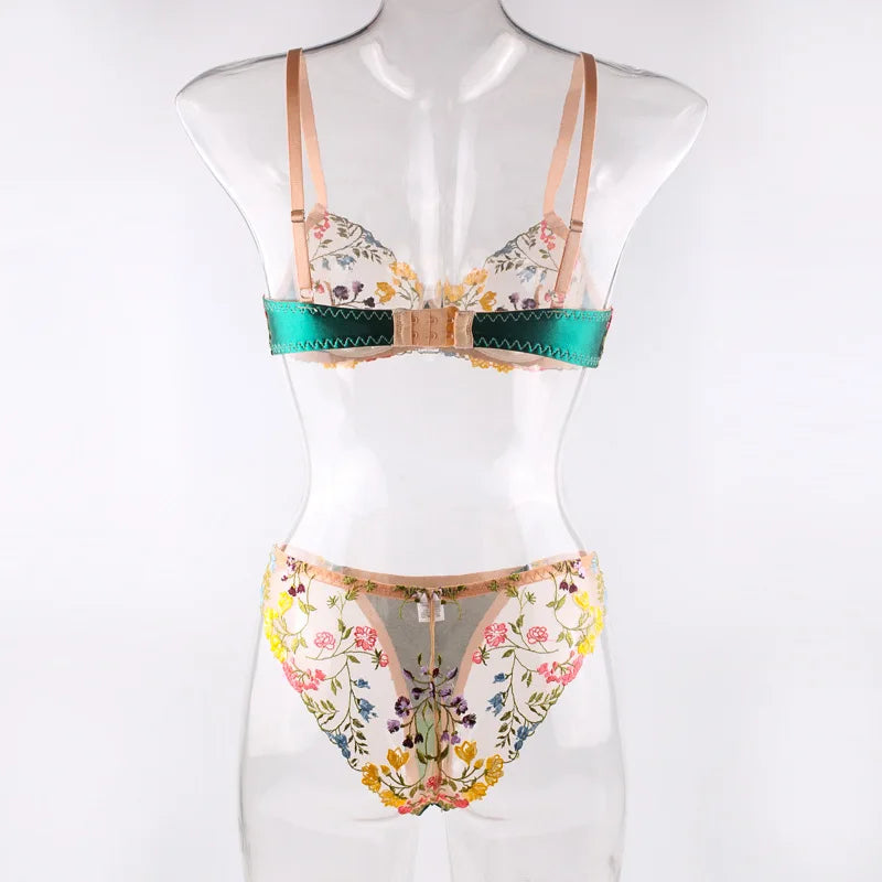 Countryside Embroidered Lingerie Set With Floral Patchwork Bra And Panty Details