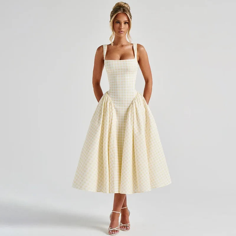 Gingham Square Neck A-Line Midi Dress With Pockets