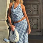 Cowl Neck Backless Crop Top With Vintage Plaid Halter