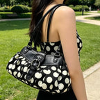 Retro Polka Dot Underarm Bag For Women With Belt Buckle Patchwork Rivet Design Everyday Vintage Charm