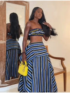 Bohemian Blue Striped Two-piece Set Strapless Ruffled Crop Top Tiered Maxi Skirt
