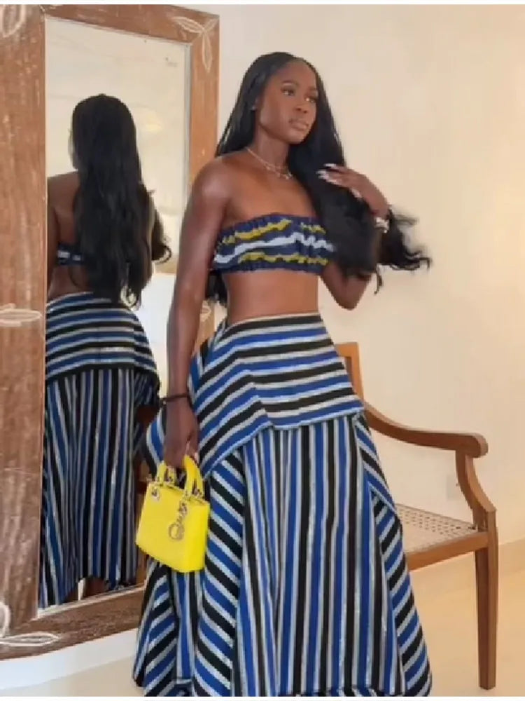 Bohemian Blue Striped Two-piece Set Strapless Ruffled Crop Top Tiered Maxi Skirt