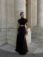 Hollow Out Short Sleeve Ruched O Neck Maxi Dress