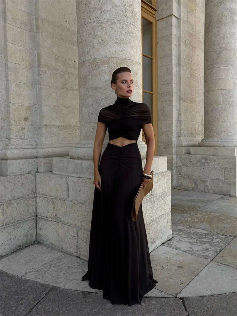 Hollow Out Short Sleeve Ruched O Neck Maxi Dress