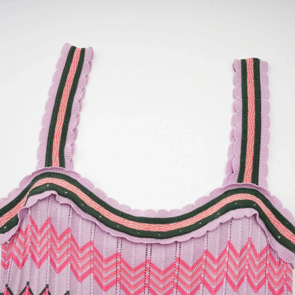 Boho Knitted Zigzag Maxi Dress For Women Sleeveless High Elasticity Long Festival Style