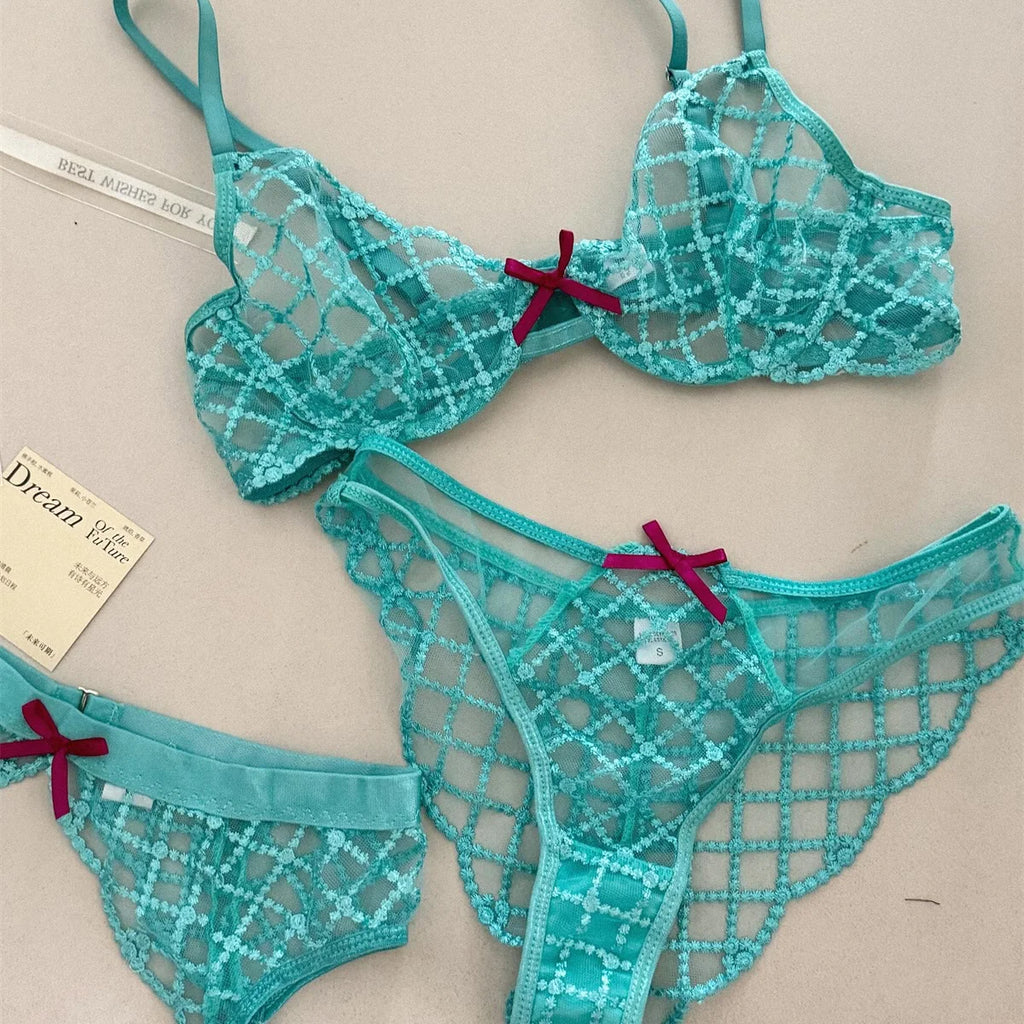 Lace Ultra-Thin Push-Up Bra Panty and Garter Set in Blue Transparent Lattice