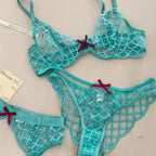 Lace Ultra-Thin Push-Up Bra Panty and Garter Set in Blue Transparent Lattice