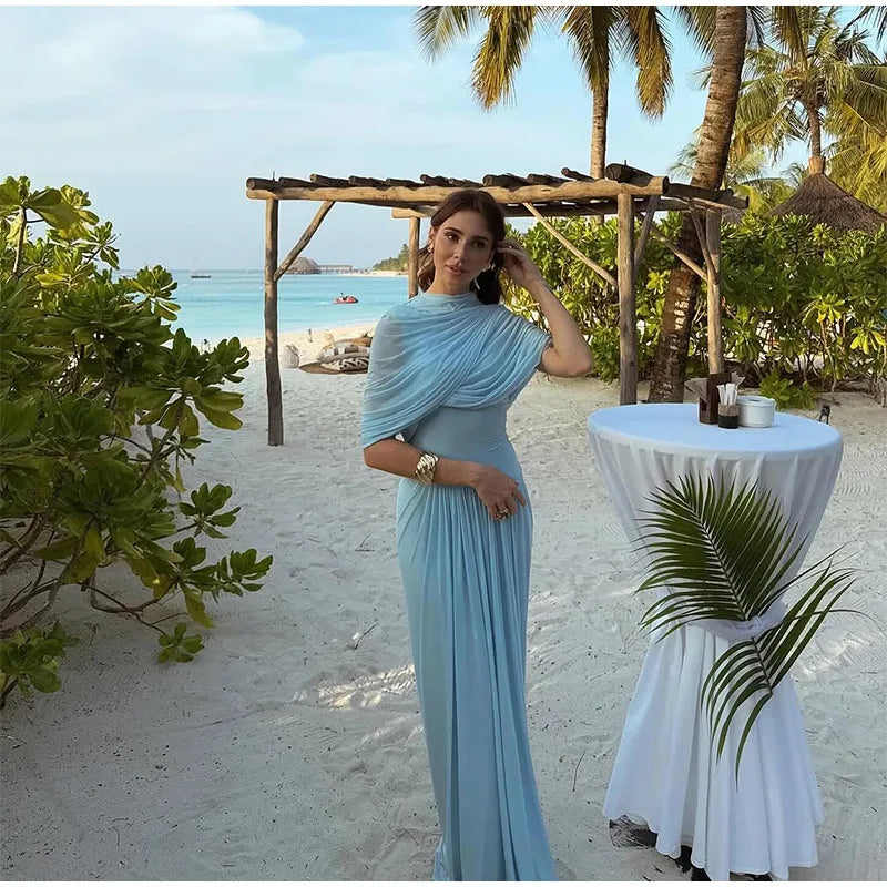 Blue Irregular Shawl Maxi Dress Slim Fit Pleated Turtleneck Elegant Evening