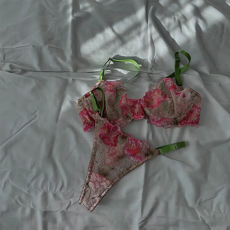 Clashing Floral Embroidered Lingerie Set With Push Up Bra And Matching Panty