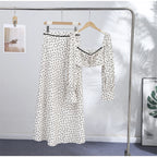 Polka Dot Two-piece Set Square Neck Puff Sleeve Cropped Top With Lace Trim Maxi Skirt
