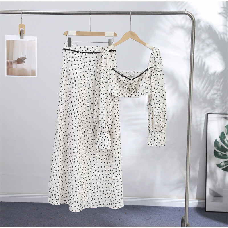 Polka Dot Two-piece Set Square Neck Puff Sleeve Cropped Top With Lace Trim Maxi Skirt