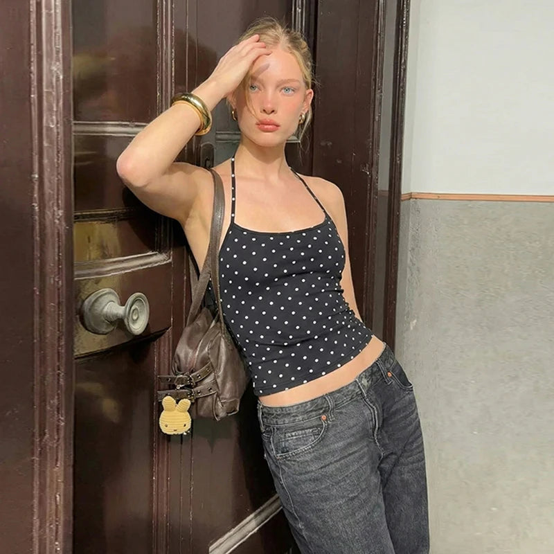 Polka Dot Halter Backless Crop Cami