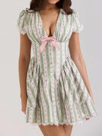 Green French Style Floral Sexy Mini Bohemian Women V-neck Striped Ruffles Dress