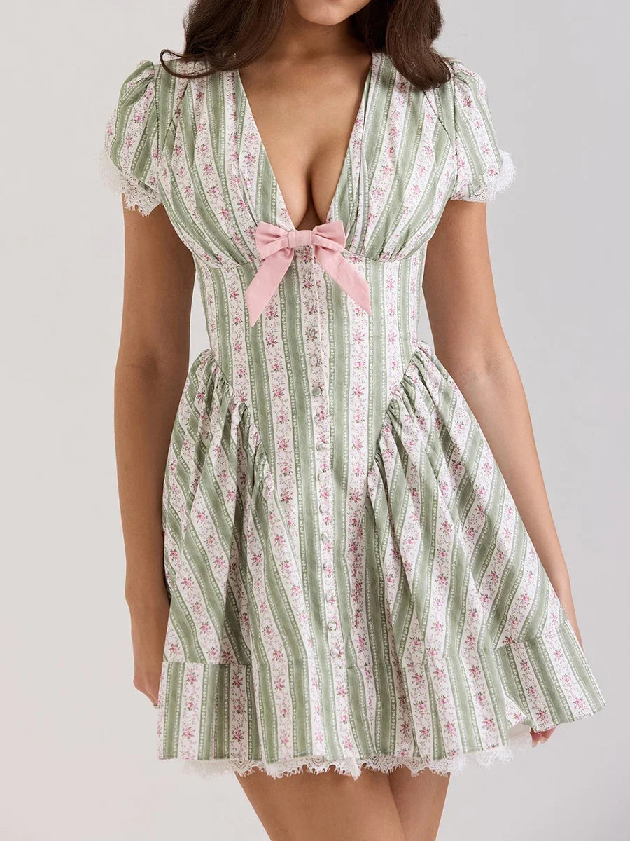Green French Style Floral Sexy Mini Bohemian Women V-neck Striped Ruffles Dress