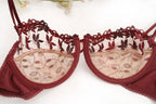 Burgundy Lace Mesh Push Up Bra Set With Embroidery Ultra Thin Sexy Lingerie For Women