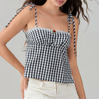 Sweet Open Back Camisole With Shirred Tie Up Spaghetti Straps Lace Trim And Square Neck