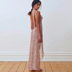 Floral Lace Up Chiffon Maxi Dress With Side Slit Backless