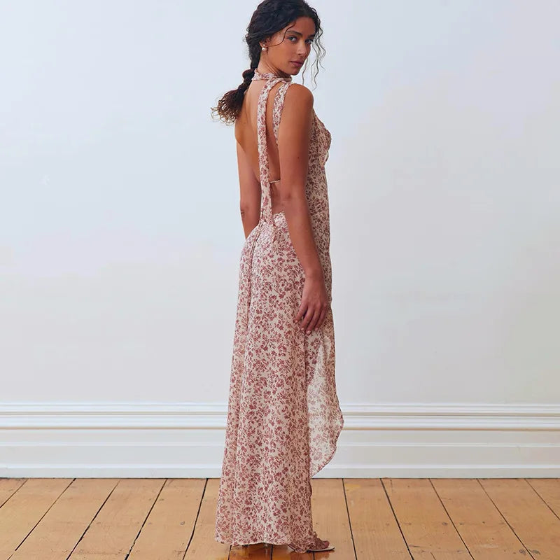 Floral Lace Up Chiffon Maxi Dress With Side Slit Backless