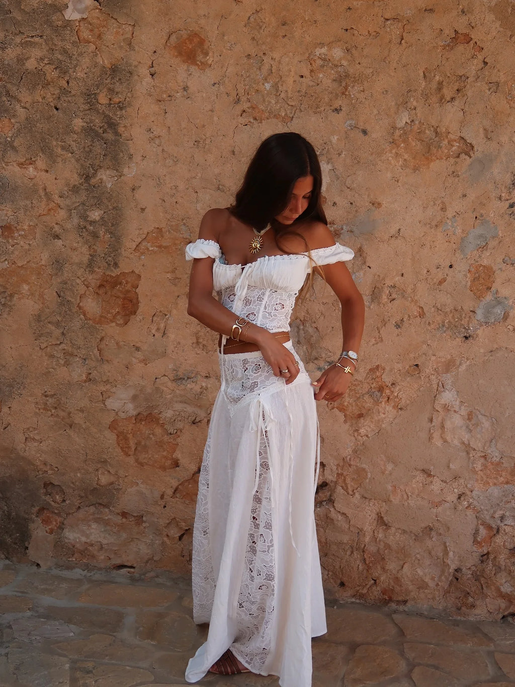 Off Shoulder two piece Set With Cropped Top And Flared Skirt