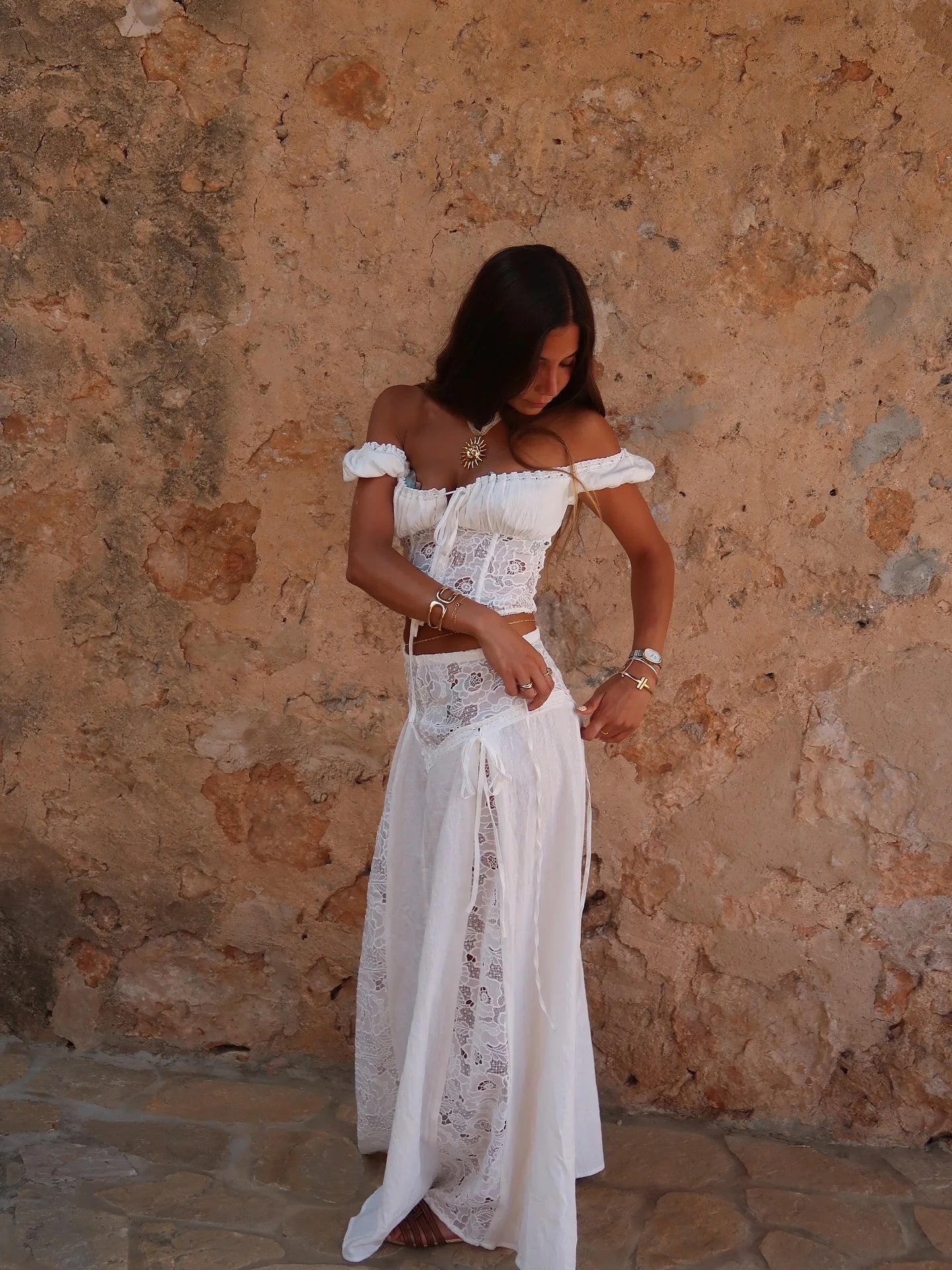 Off Shoulder two piece Set With Cropped Top And Flared Skirt