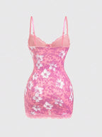 Lace Mini Dress With Spaghetti Straps High Waist Backless Retro Print