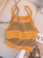 Striped Ribbed Knit Cami Top With Square Neck Sleeveless Rainbow Crop