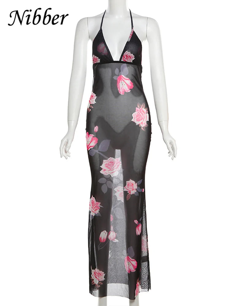 Floral Rose Print Backless Halter Maxi Dress