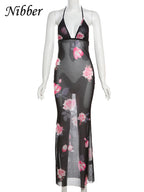 Floral Rose Print Backless Halter Maxi Dress